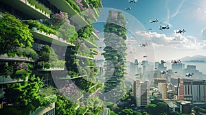 Eco-city with vertical gardens on skyscrapers, drones pollinating bio-engineered flowers, a harmonious blend of technology and