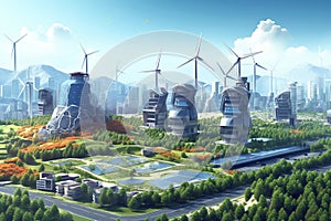 Eco city with wind turbines. Renewable energy concept. Vector illustration