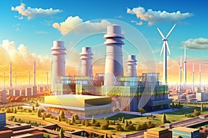 Eco city with wind turbines. Renewable energy concept. Vector illustration