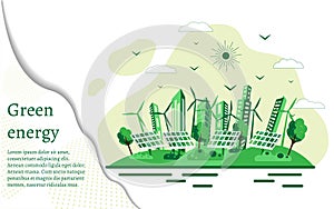 Eco cityscape banner design by solar panel and windmill.