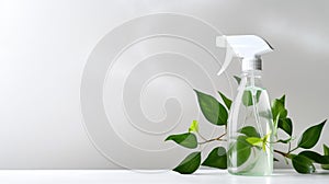 Eco cleaning spray bottle and green leaves on gray background