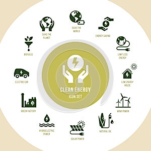 Eco collection with various icons on the theme of ecology and green energy.
