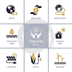 Eco collection with various icons on the theme of ecology and green energy