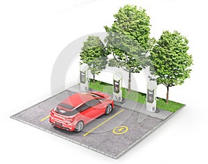 Eco concept. Electric car charging station with car for zero emissions on the piece of ground with grass