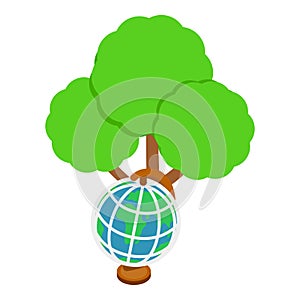 Eco concept icon isometric vector. Globe of planet earth standing under tree