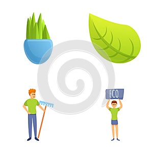 Eco concept icons set cartoon vector. Man with eco sign and rake near green leaf