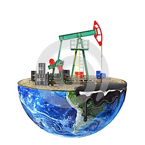 Eco-concept. Oil pump on a cut planet isolated on a white background. The concept of natural resource extraction.