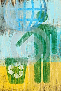Eco concept with recycling symbol drawing on wood background