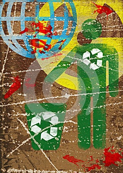 Eco concept with recycling symbol drawing on wood background