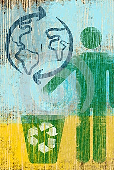 Eco concept with recycling symbol drawing on wood background