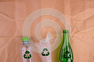 Eco concept with recycling symbol on table background