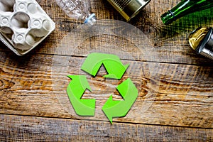 Eco concept with recycling symbol on table background top view mockup