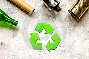 Eco concept with recycling symbol on table background top view mockup