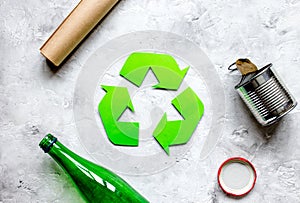 Eco concept with recycling symbol on table background top view mockup