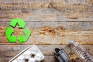 Eco concept with recycling symbol on table background top view mockup