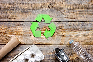 Eco concept with recycling symbol on table background top view mockup