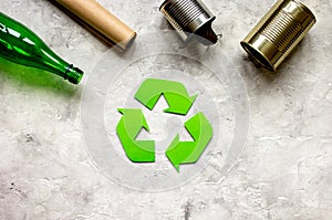 Eco concept with recycling symbol on table background top view mockup