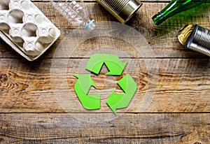 Eco concept with recycling symbol on table background top view mockup