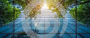Eco-Conscious Glass Building Amidst Verdant Trees. Concept Sustainable Architecture, Green Living,