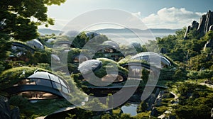 Eco-conscious oasis futuristic city, retreat fosters a deep connection with nature. renewable energy solutions, eco-friendly