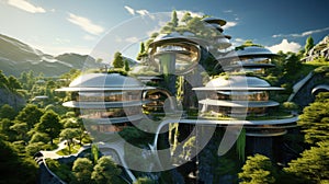 Eco-conscious oasis futuristic city, retreat fosters a deep connection with nature. renewable energy solutions, eco-friendly