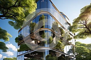 Eco conscious office building in the city incorporates sustainable design and carbon reducing trees