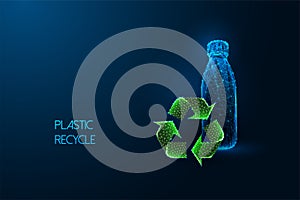 Eco-consciousness, sustainable resources futuristic concept with plastic bottle and recycling sign