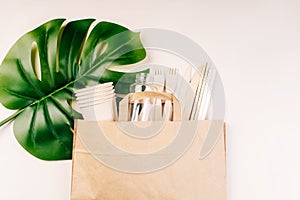 Eco craft paper tableware,cups,fast food containers.Recycling,eco-friendly concept.Disposable eco cutlery,plates,spoons