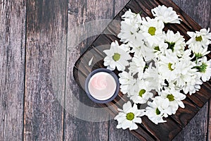 Eco cream on a wooden background. Natural creams for healthy skin. Natural cosmetic. The concept of natural medicine. flat lay