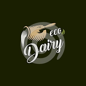 Eco dairy vector logo template. Milk product engraving emblem. Milk flows from a jug.