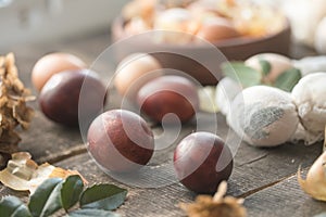 Eco decor. Easter eggs boiled in onions peels. Spring festive easter autentic background