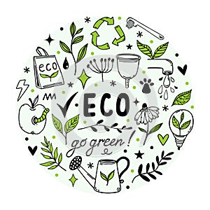 Eco doodles vector set. Symbols of environmental care - recycling, water saving, natural energy