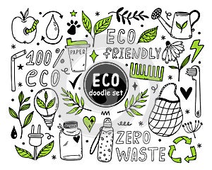 Eco doodles vector set. Symbols of environmental care - zero waste, organic products, recycling, eco-friendly.