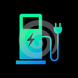 Eco electric fuel pump icon, Charging point station for hybrid cars sign, Isolated on black background, Vector illustration.