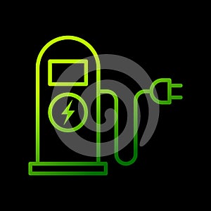 Eco electric fuel pump icon, Charging point station for hybrid cars sign, Isolated on black background, Vector illustration.