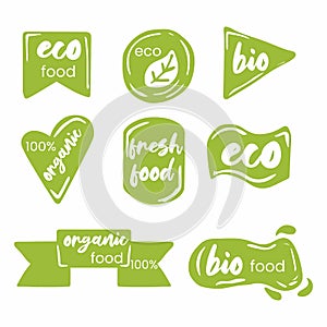 Eco emblem. Oganic food icons. bio products stamp. green ecology market. vector hand drawn set