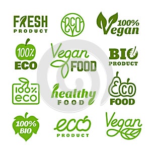 Eco emblems. Organic bio logo, fresh green food stickers. Vegetarian badge, high quality agriculture market goods