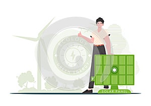 Eco energy concept. The guy is standing near the solar panel. trendy style. Vector illustration.