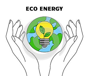 Eco energy. Green electrical power. Alternative ecological technologies. Earth planet protection. Electric lightbulb