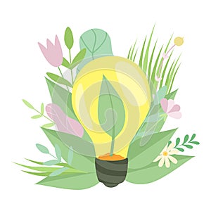 Eco Energy, Light Bulb with Plant Growing Inside, Green Grass and Flowers, Environmental Protection, Ecology Concept