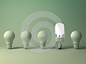 Eco energy saving light bulb, one glowing compact fluorescent lightbulb standing out from unlit incandescent bulbs
