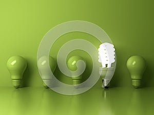 Eco energy saving light bulb , one glowing compact fluorescent lightbulb standing out from unlit incandescent bulbs reflection photo