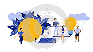 Eco energy vector alternative ecology illustration clean environment. Power solar renewable nature panel with people. Electric