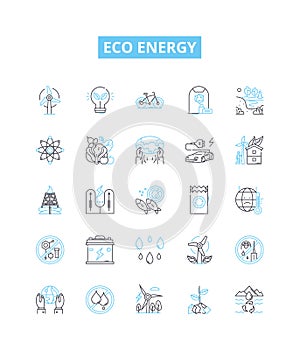 Eco energy vector line icons set. Eco-energy, Sustainable, Renewable, Solar, Wind, Hydro, Biomass illustration outline