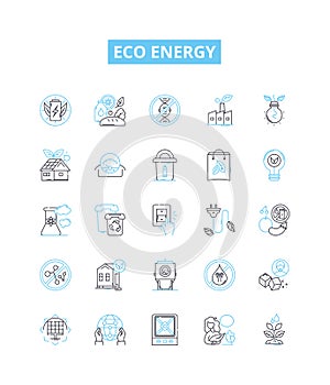 Eco energy vector line icons set. Eco-energy, Sustainable, Renewable, Solar, Wind, Hydro, Biomass illustration outline