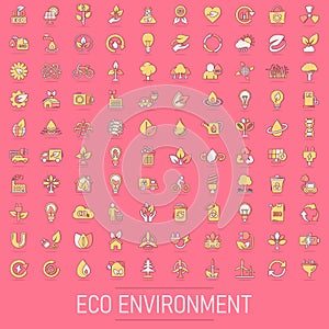 Eco environment icons set in comic style. Ecology cartoon vector illustration on isolated background. Bio emblem splash effect