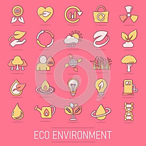 Eco environment icons set in comic style. Ecology cartoon vector illustration on isolated background. Bio emblem splash effect