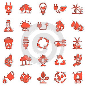 Eco environment icons set in comic style. Ecology cartoon vector illustration on white isolated background. Bio emblem splash