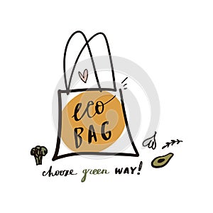 Eco fabric cloth bag. Zero waste. Vegan food. Care about environment. Vector illustration