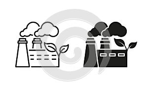 Eco Factory Industry Building with Leaf Line and Silhouette Icon Set. Ecological Industrial Production. Power Station